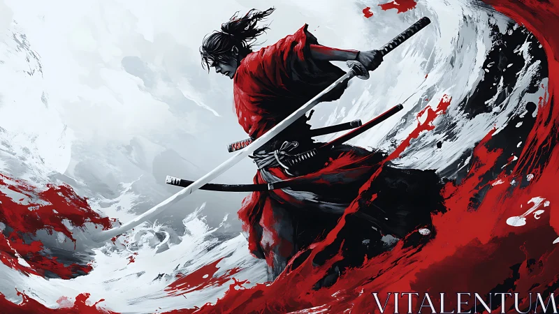 Crimson samurai turning storm-tossed battle into art.