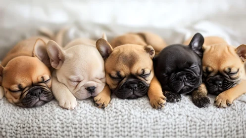 Five sleeping French bulldog puppies aligned on knitted blanket