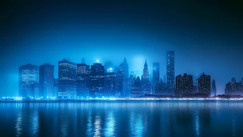 Neon blue city skyline at night reflected on calm water.