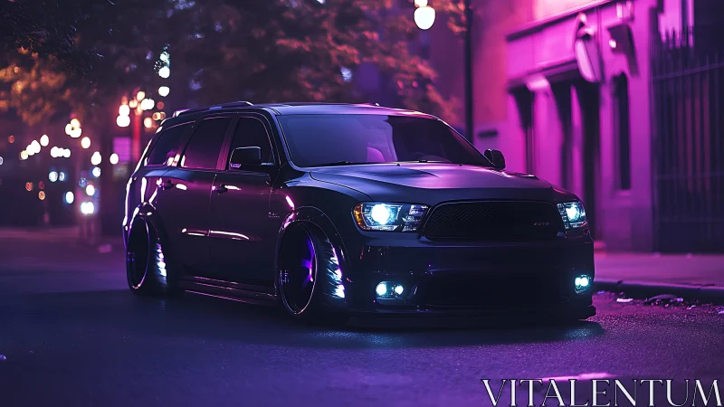 Lowered SUV cuts through neon-lit night street glow.