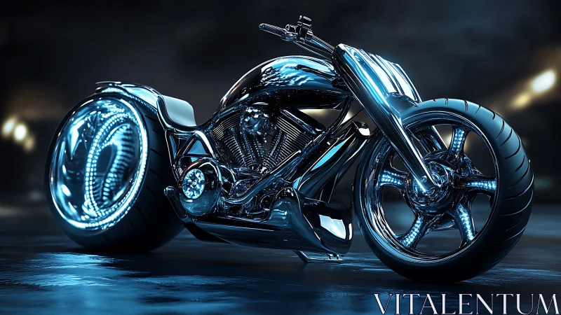 Futuristic chrome motorcycle with blue neon lighting detail.