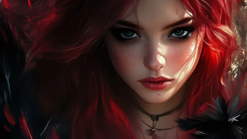 Fiery red haired sorceress portrait with intense teal eyes.