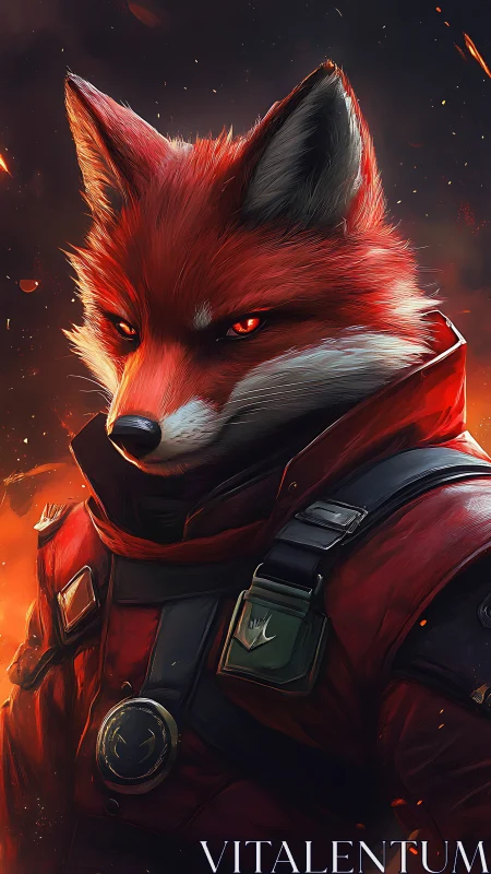Anthropomorphic fox in tactical red suit amid sparks.