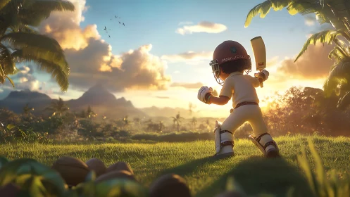 Sunlit tropical cricket kid readying bat on hilltop field.