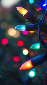 Colorful Christmas string lights glow against soft bokeh