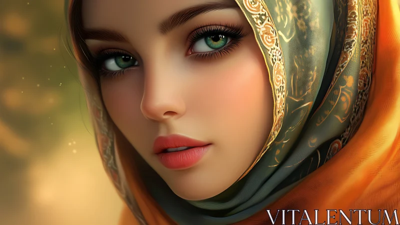 Digital painting portrait with luminous scarf drapery focus.