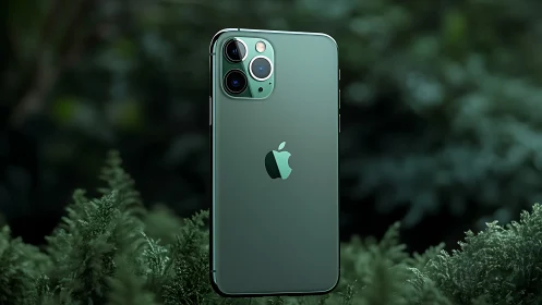 iPhone 11 Pro in Midnight Green positioned among green foliage