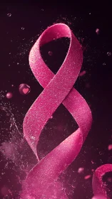Glittered pink awareness ribbon in liquid splash macro view