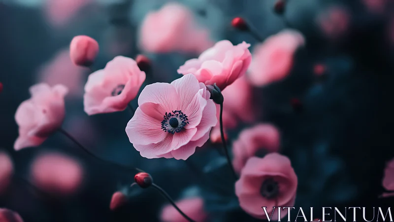 Pink Anemone Flowers With Dark Background.