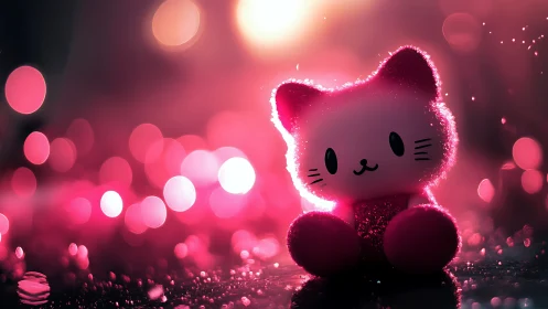 Pink cat figurine with bokeh lights on reflective surface.