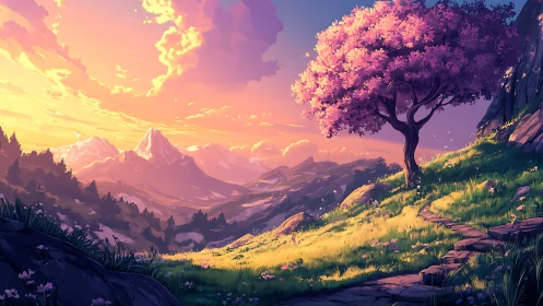 Sunlit blossom tree overlooks tranquil pastel mountain valley