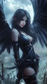 Dark-winged warrior angel stands poised in misted sky