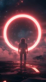 Backlit astronaut observes luminous red portal amid nebular sky