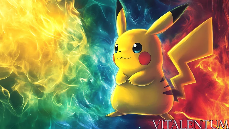 Electric mascot stands amid swirling rainbow energy clouds