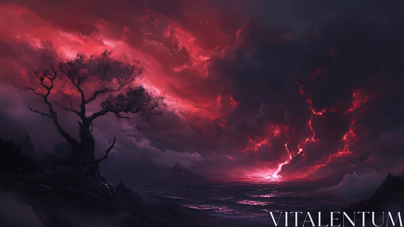 Crimson storm horizon with solitary twisted coastal tree.