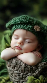 Sleeping baby in green knit hat resting on woven basket.