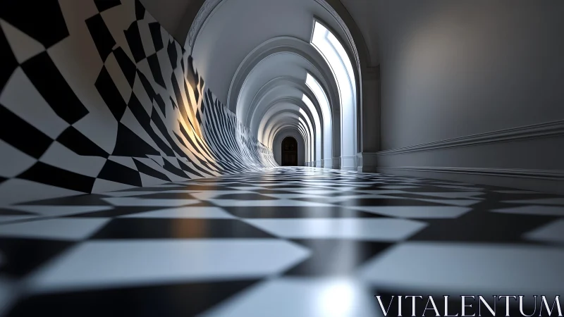 Surreal Checkered Hallway with Distorted Floor and Classical Arches.