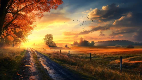 Country dirt road runs through autumn fields at sunset