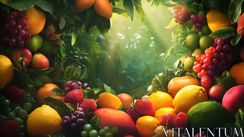 Sunlit garden gateway framed by vibrant, colorful fruits.