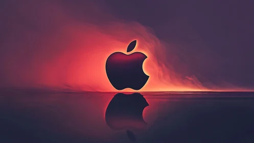 Glowing minimalist apple silhouette over reflective surface.