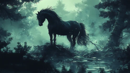 Moonlit phantom horse haunts a mist-drowned forest pool.