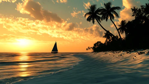 Tropical sailboat silhouetted against luminous sunset horizon.