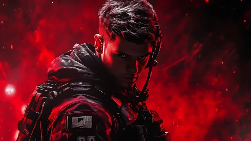 Male tactical operative in headset against red smoke field.