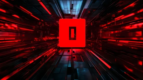 Futuristic Red Digital Tunnel With Central Glowing Square Symbol.