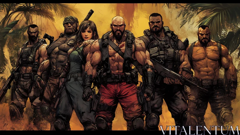 Battle-hardened jungle squad standing strong together.