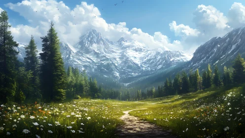 Mountain meadow path under clear sky with wildflowers.