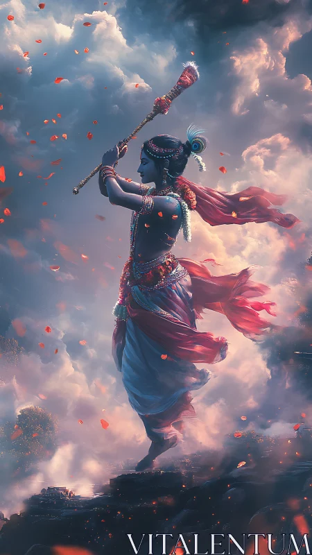 Blue-skinned figure plays vertical flute amid clouds and petals