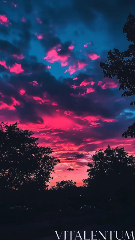 High-contrast magenta sunset sky with silhouetted urban trees
