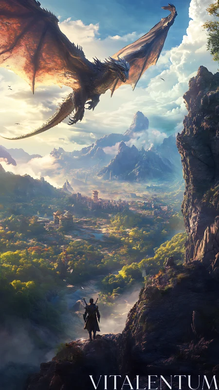 Dragon over fantasy valley with lone adventurer viewpoint.