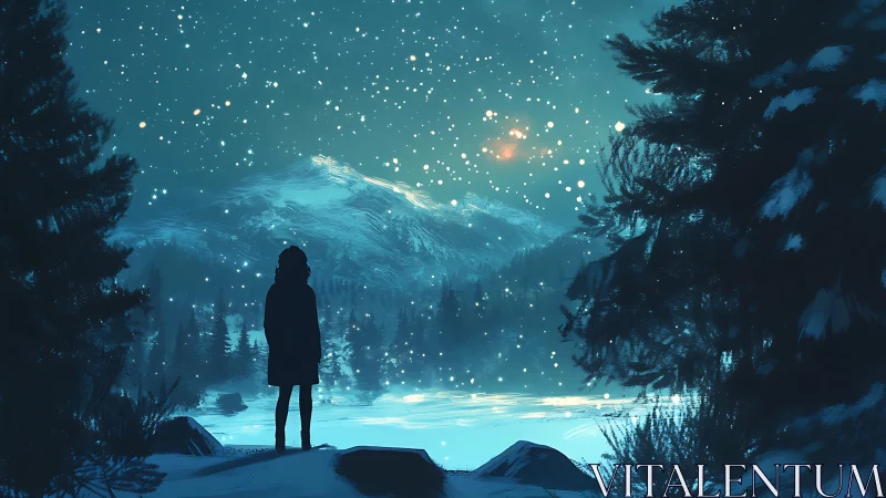 Solitary figure observes luminous snowfall over alpine lake