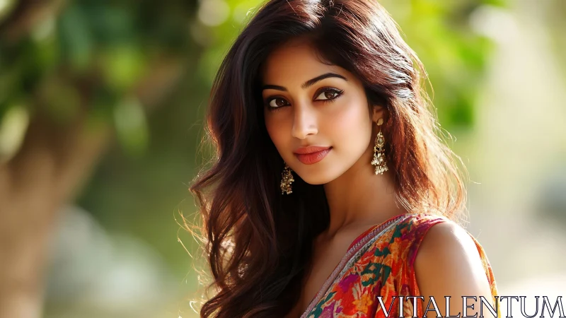 Graceful woman in colorful sari bathed in soft sunlight.