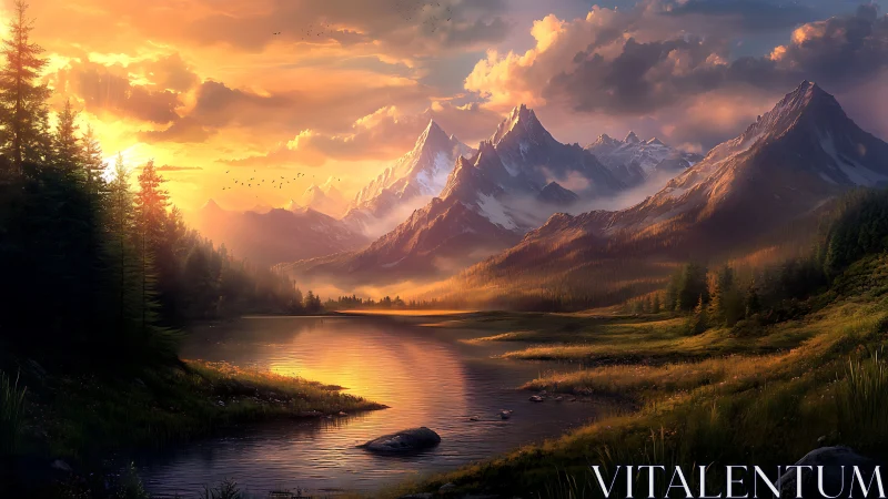 Digital painting of alpine lake at sunset with atmospheric depth.