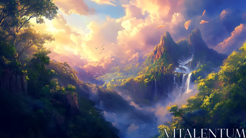 Luminous mountain valley with cascading waterfalls at sunrise.