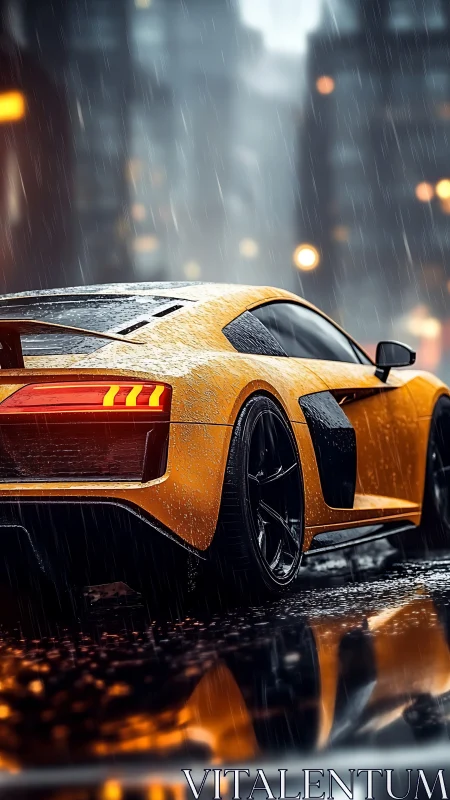 Golden sports car glowing in a rainy neon city night.