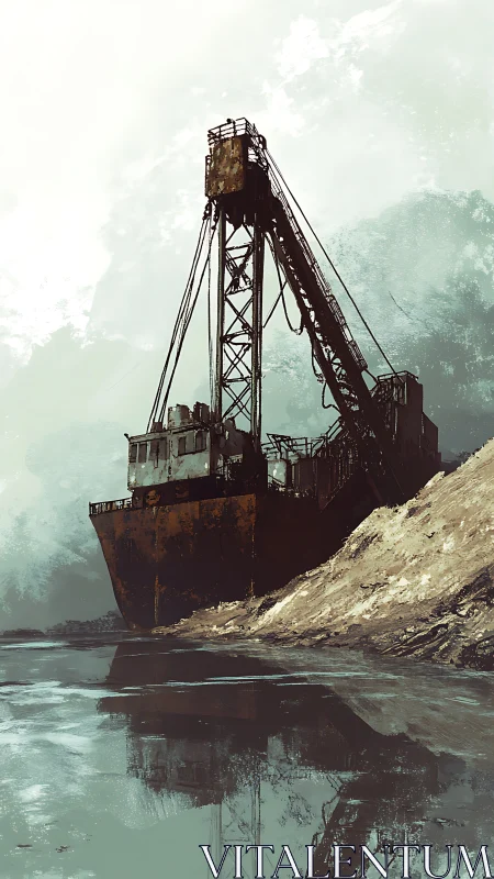 Rusting bucket dredger grounded on eroded industrial shoreline