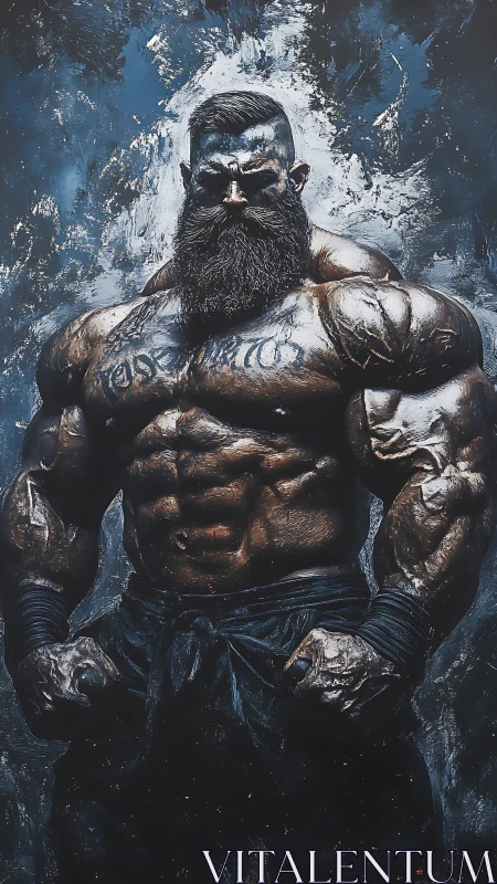 Hyper-muscular bearded man stands centered against abstract wall