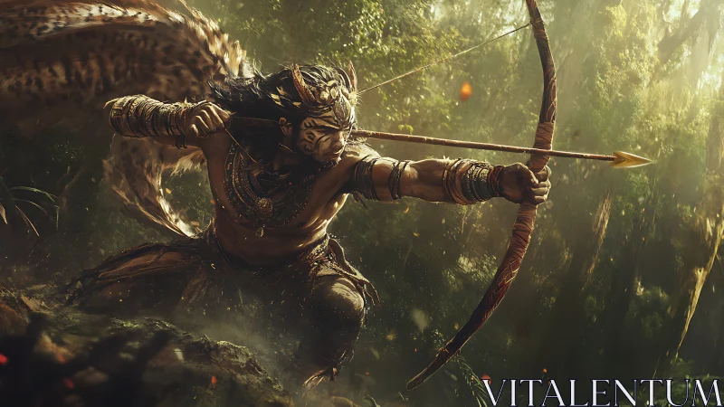 Warrior archer draws a golden arrow in a misty jungle ambush