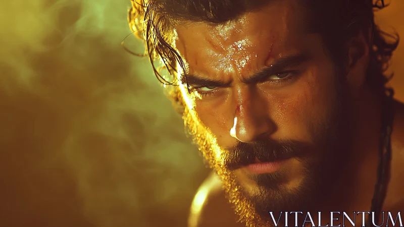 Sweat‑lit warrior portrait studies intense, cinematic resolve