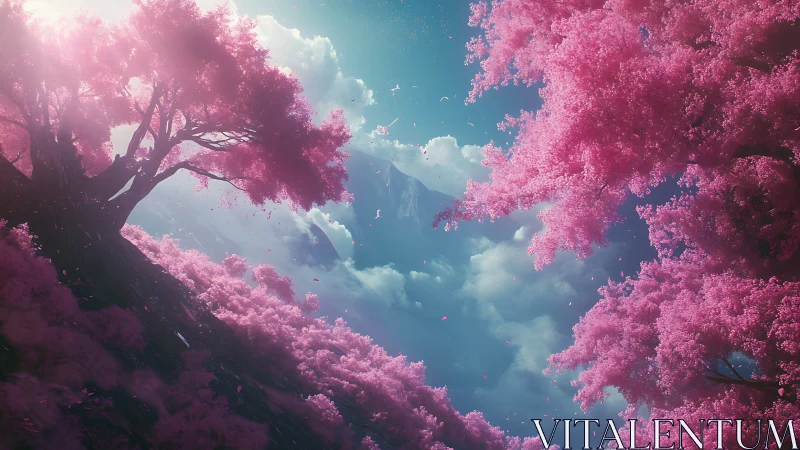 Dreamlike valley framed by radiant pink blossom trees.