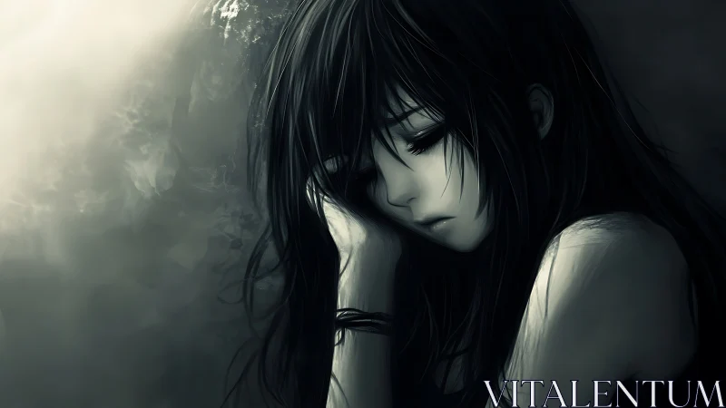 Monochrome anime portrait of resting girl in close view.