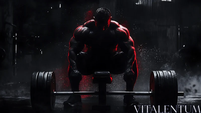 Backlit bodybuilder preparing deadlift under dramatic red key light