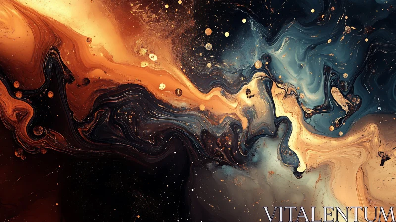 Swirling abstract fluid pattern in warm and cool tones.