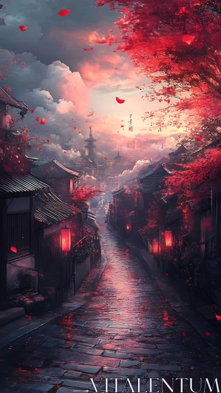 Narrow wet street extends toward distant pagoda at dusk