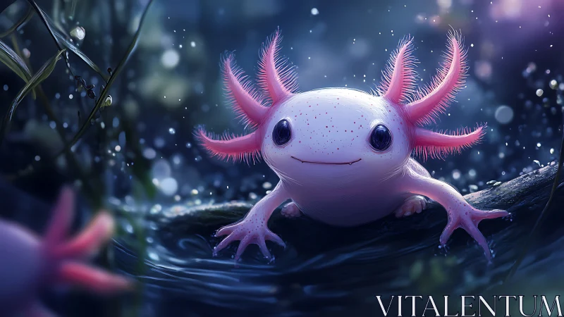Smiling pink axolotl resting in a softly lit stream.
