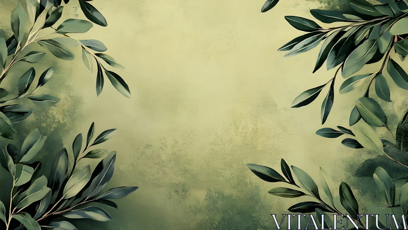 Botanical frame with stylized eucalyptus foliage on patina field.