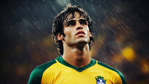 Rain-lit midfielder studies the storming stadium lights